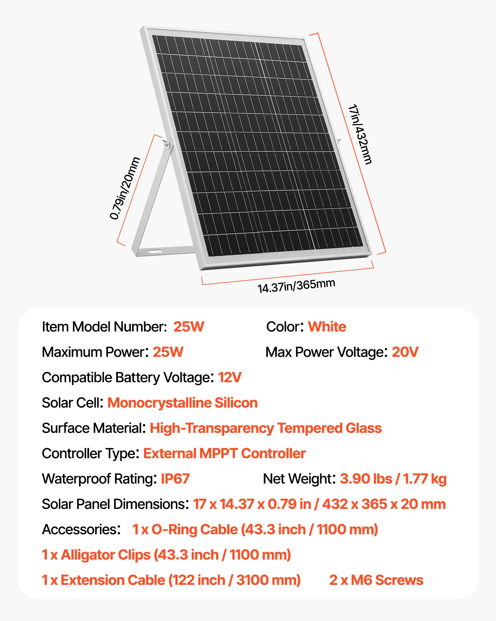 VEVOR 12V monokristallijn zonnepaneelset 25W, acculader met slimme MPPT-controller en verstelbare montagebeugel, IP67 waterdicht voor auto, boot, camper, motortrailer