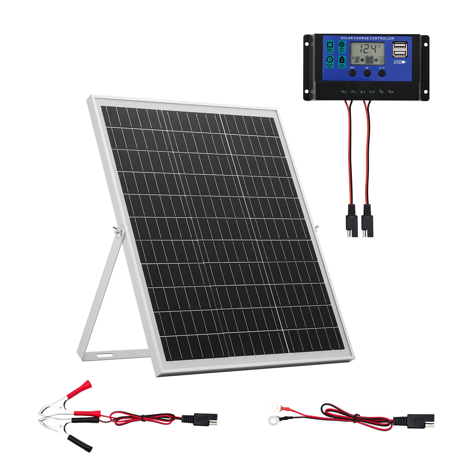 VEVOR 12V monokristallijn zonnepaneelset 25W, acculader met slimme MPPT-controller en verstelbare montagebeugel, IP67 waterdicht voor auto, boot, camper, motortrailer