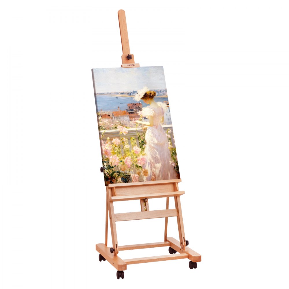 VEVOR Studio-ezel met H-frame voor canvasschilderijen tot 121 cm, beukenhouten kunstenaarsezel voor schilderen met wielen en grote opbergruimte, draagvermogen 15 kg, verstelbare studio-ezel