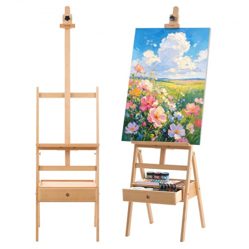 VEVOR Studio Ezel, Staande Ezel voor Canvasdoeken tot 910 mm, Natuurlijke Kleur, Houten Ezel voor Kunstenaars, Acryl-, Olie- en Aquarelverf, In Hoogte en Hoek Verstelbaar, H-vormig, Opberglade