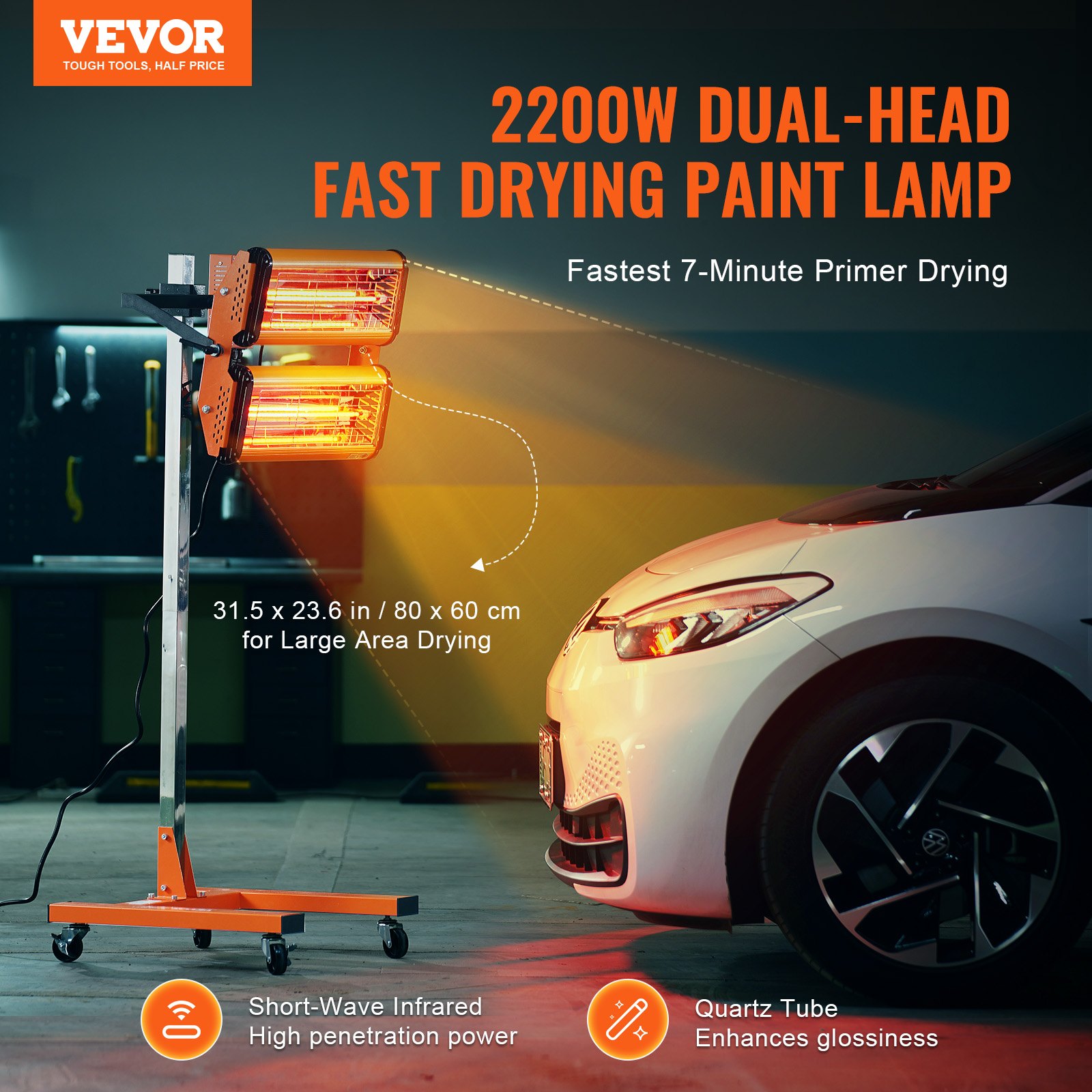 VEVOR infrarood uithardingslamp, 2200 W, tijdinstelling 1-60 min., automatische uithardingslamp met automatische verwarming en beugel, bakoppervlak van 47,6 m², spuitcabineverwarming, verfdroger