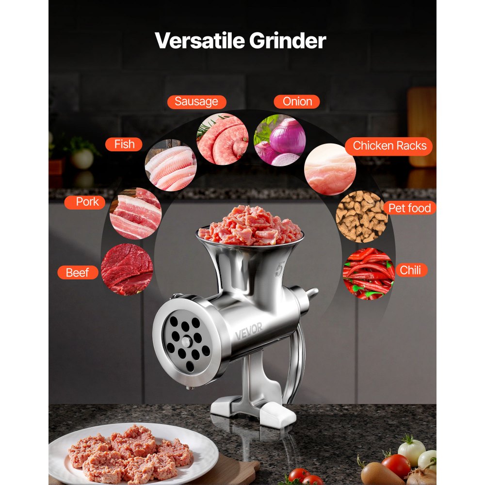 VEVOR Handmatige vleesmolen met handbediende worstvuller van roestvrij staal 304 met tafelklem, vleesmolen met 2 snijplaten (4,5/8 mm) en 4 worstbuizen, voedselmolen voor keukentafel
