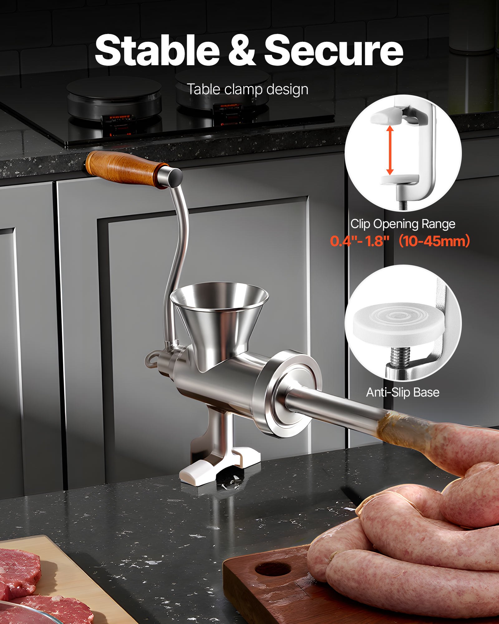 VEVOR Manual Meat Grinder, 304 Stainless Steel Hand Crank Meat Mincer with Steel Table Clamp, Sausage Stuffer with 2 Cutting Plates & 4 Sausage Tubes, Food Grinder for Beef Chili Pork Kitchen Tabletop