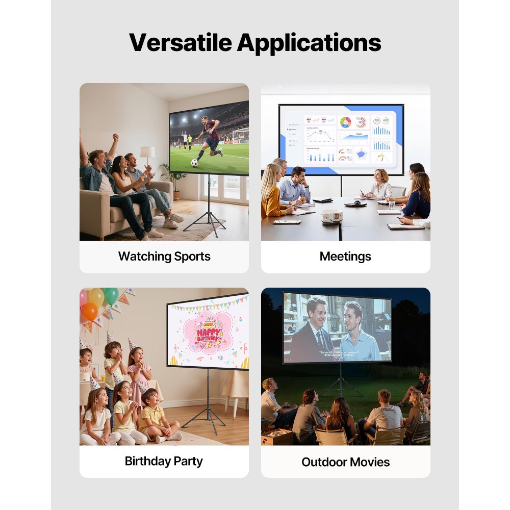 VEVOR Projector Screen with Stand, 80 Inch 160° Wide Angle Indoor Outdoor Projection Screen, 16:9 4K HD Wrinkleless Portable Tripod Screens with Carry Bag, for Movie Home Theater Office Presentation