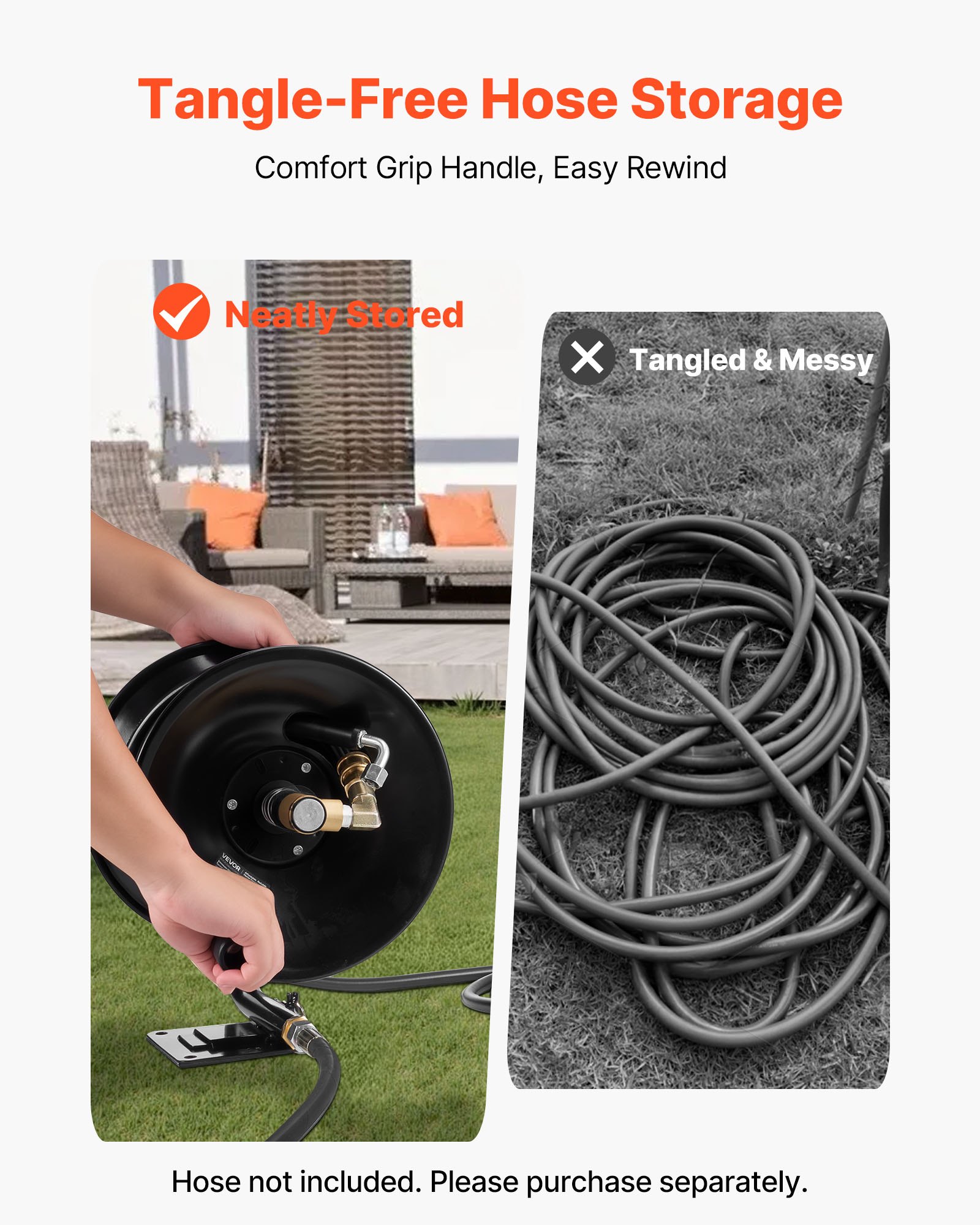 VEVOR Hogedrukslanghaspel, 15,2 m x 9,5 mm, stalen beugel, slanghaspel voor hogedrukreinigers, wand-/vloer-/vrachtwagenmontage, 275 bar, handmatige handslinger voor het wassen van auto's/vloeren, tuin