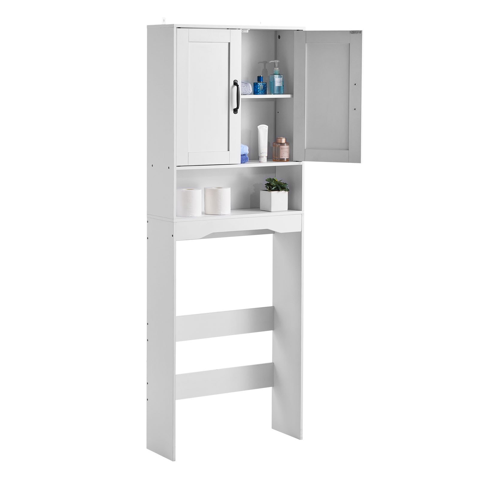 VEVOR Over The Toilet Storage Cabinet, 65 in Height Bathroom Storage Organizer with Double Door and Adjustable Shelf, Bathroom Space Saver Organizer Above Toilet with Open Shelf, White