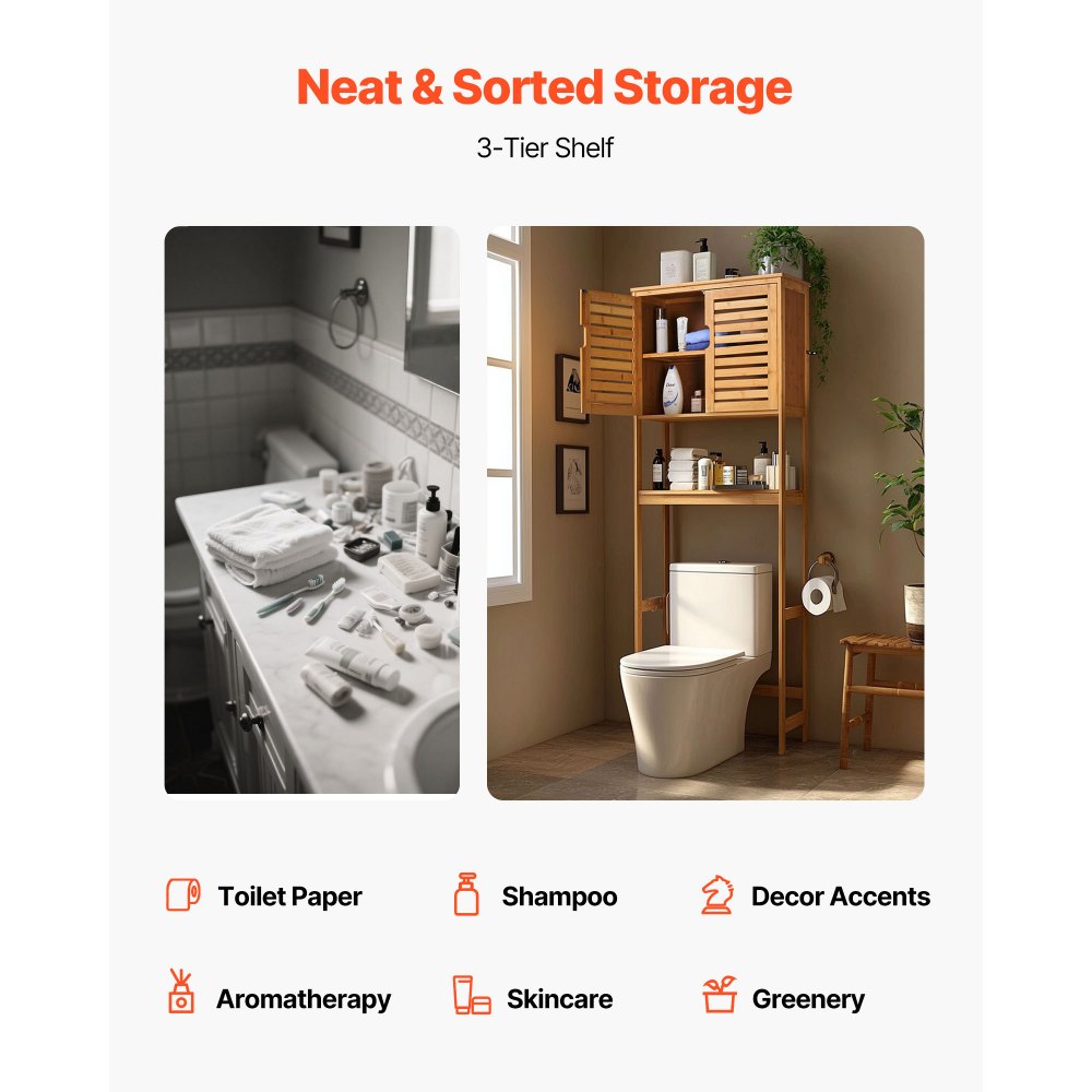 VEVOR Bamboo Over The Toilet Storage Cabinet, 68.9 in Height Bathroom Storage Organizer with Double Door & Inner Adjustable Shelf, Bathroom Space Saver Organizer Above Toilet with Open Shelf, Natural