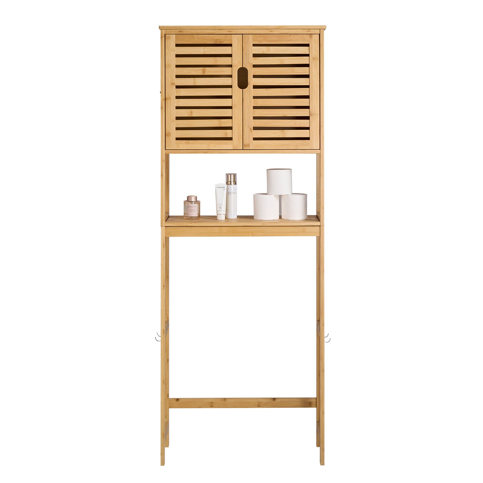 VEVOR Bamboo Over The Toilet Storage Cabinet, 68.9 in Height Bathroom Storage Organizer with Double Door & Inner Adjustable Shelf, Bathroom Space Saver Organizer Above Toilet with Open Shelf, Natural