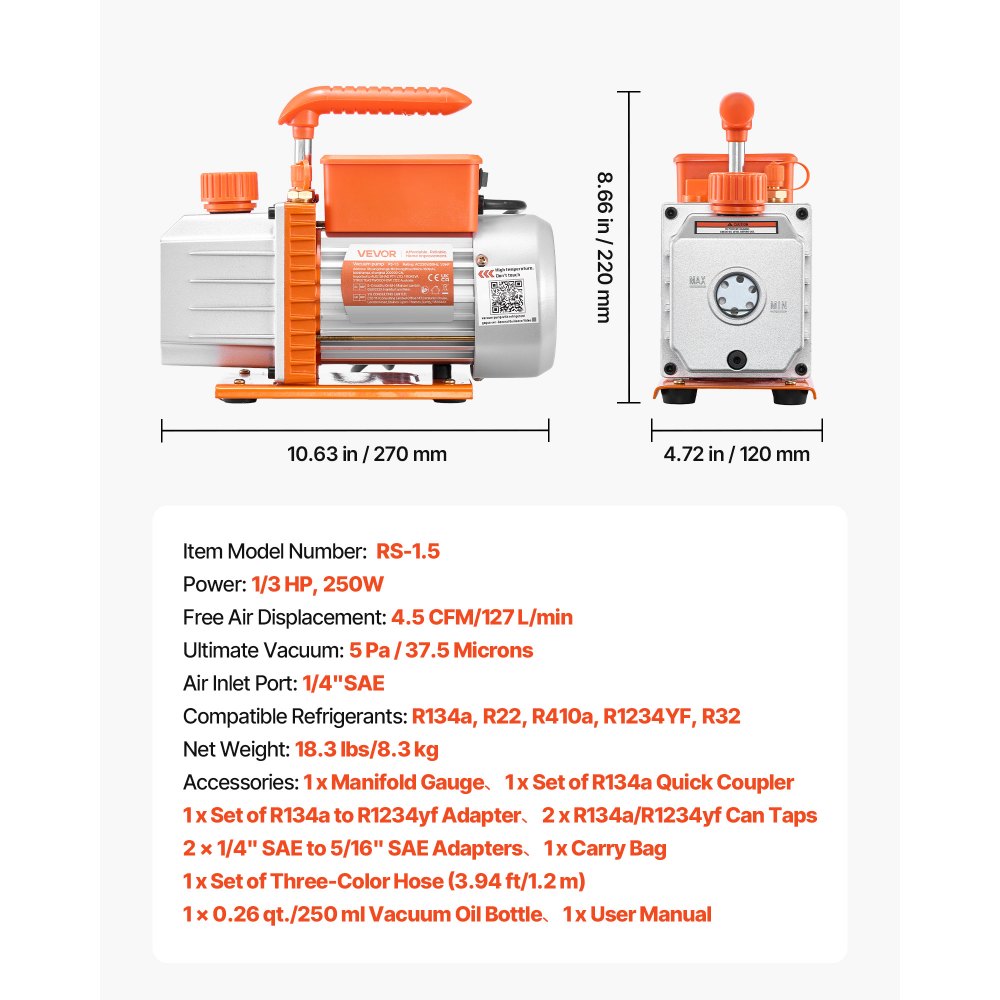 VEVOR vacuümpomp met manometer, 4,5 CFM 127 l/min, 250 W, eentraps roterende schottenvacuümpomp, manometerset, voor R134a, R22, R410a, R1234YF & R32, met draagtas, voor auto-airconditioningsystemen