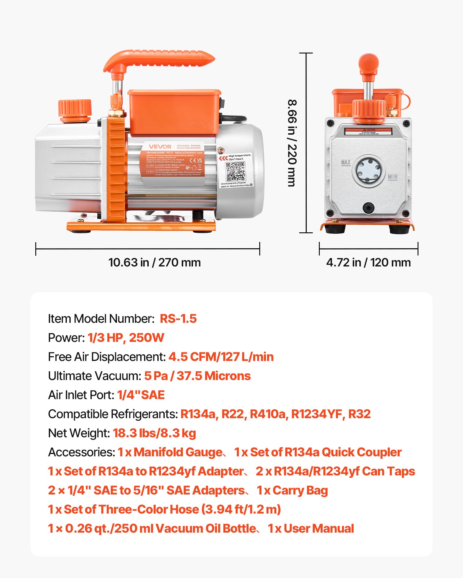 VEVOR vacuümpomp met manometer, 4,5 CFM 127 l/min, 250 W, eentraps roterende schottenvacuümpomp, manometerset, voor R134a, R22, R410a, R1234YF & R32, met draagtas, voor auto-airconditioningsystemen