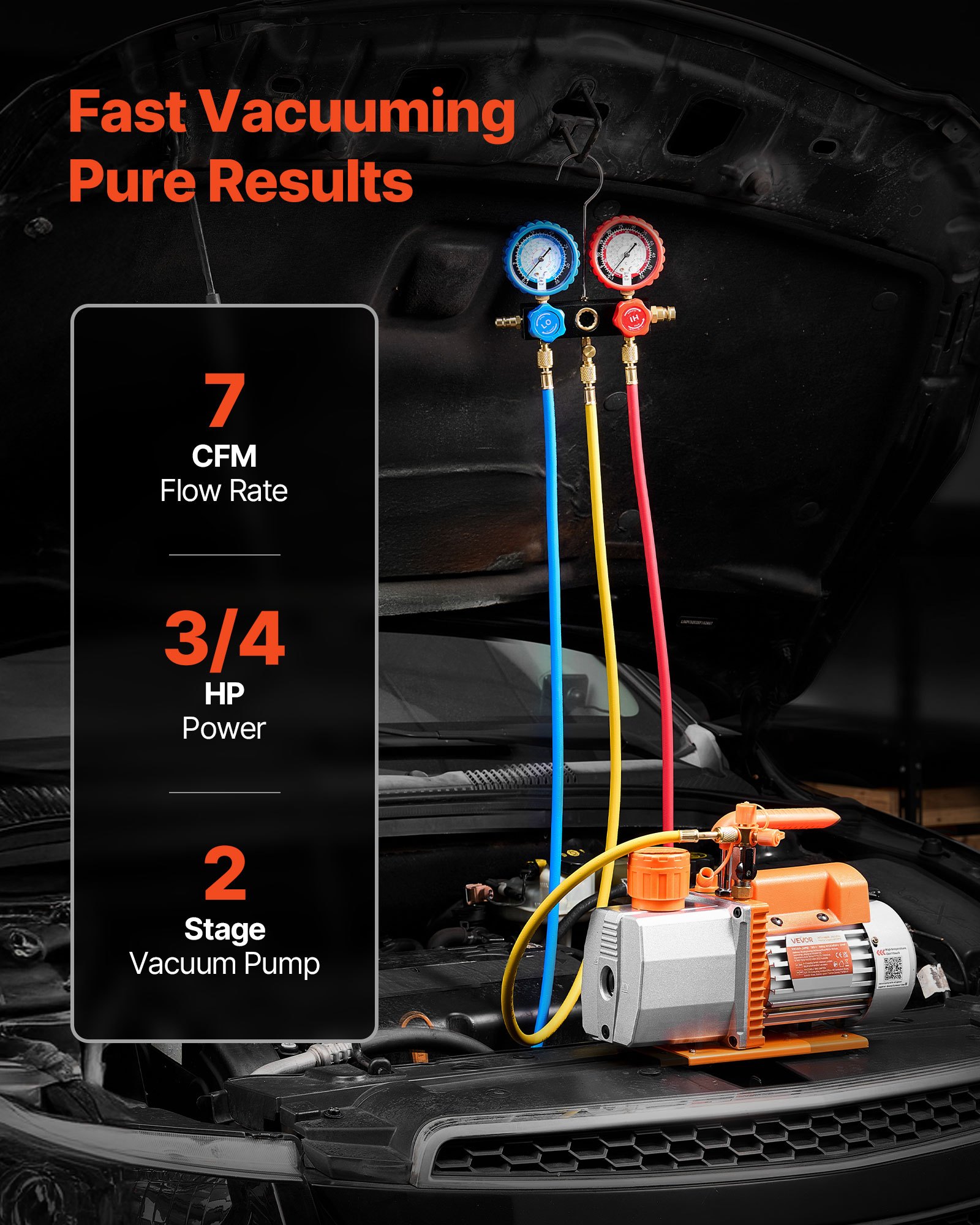 VEVOR vacuümpomp met manometer, 7 CFM 198 L/min, 2-traps roterende schottenvacuümpomp, 550 W vacuümpompset voor R134a, R22 en R410a, inclusief lekdetector en draagtas, voor auto-airconditioningsystemen