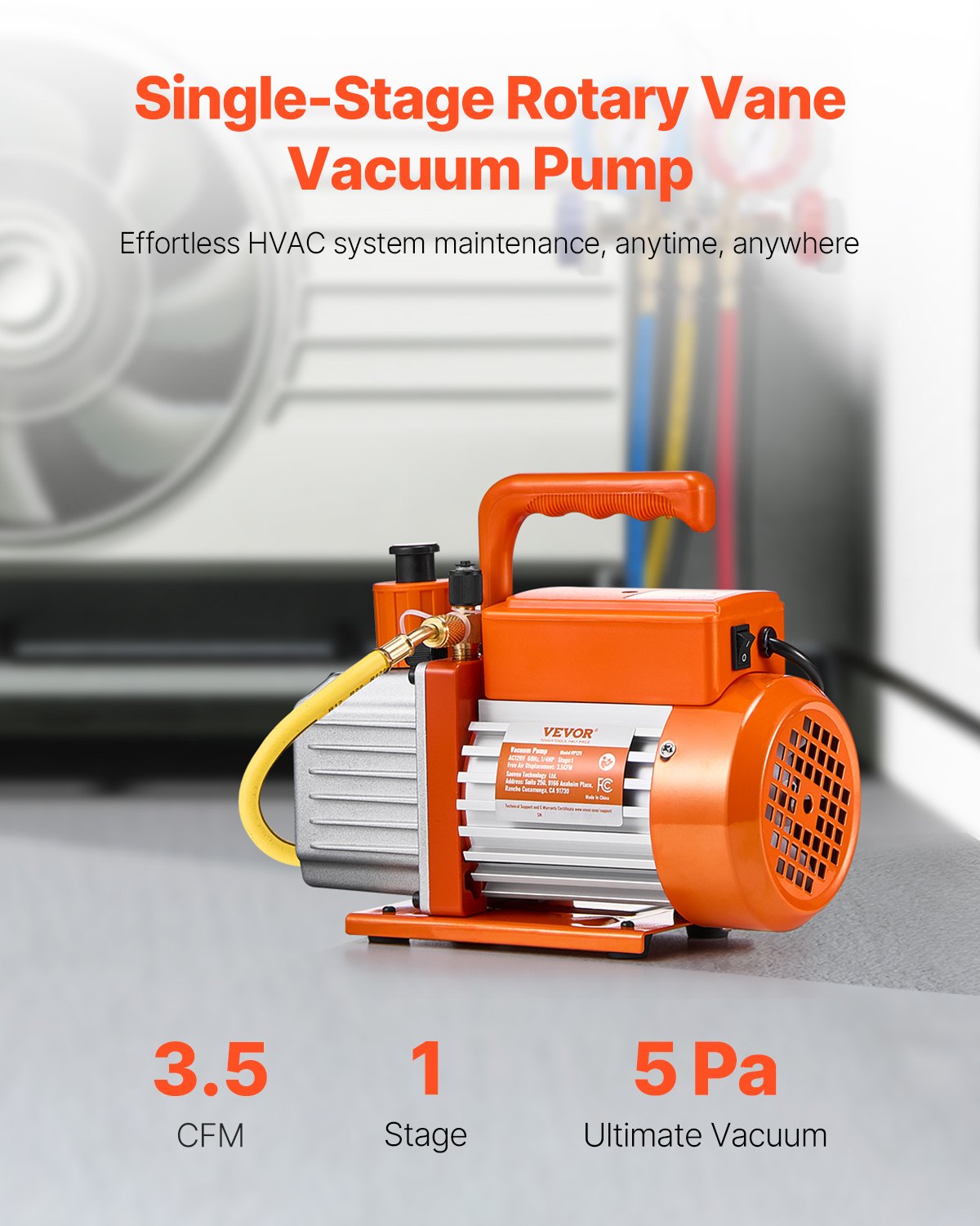 VEVOR Vacuum Pump, 3.5 CFM, HVAC Single Stage Rotary Vane Vacuum Pump, for R134a R22 R410a Systems, Auto AC Vacuum Pump Kit with Oil Bottle, for Automotive Air Conditioner Maintenance Resin Degassing