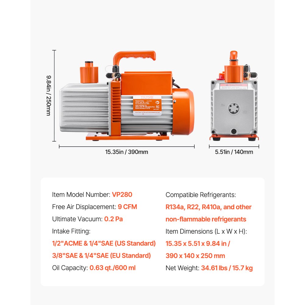 VEVOR Vacuum Pump, 9 CFM, HVAC 2 Stage Rotary Vane Vacuum Pump, for R134a R22 R410a Systems, Auto AC Vacuum Pump Kit with Oil Bottle, for Automotive Air Conditioner Maintenance Resin Degassing