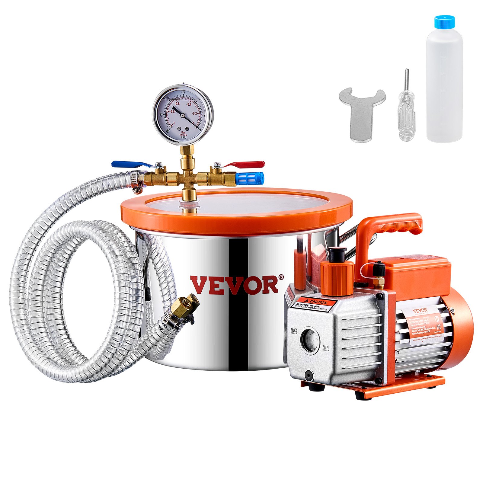 VEVOR 1.5 Gallon Vacuum Chamber and 3.5 CFM Pump Kit, Stainless Steel Chamber, Single Stage Vacuum Pump Degassing Chamber Kit, with Acrylic Lid, Oil, 4.92 ft Hose, for Degassing Resin Silicone Epoxies