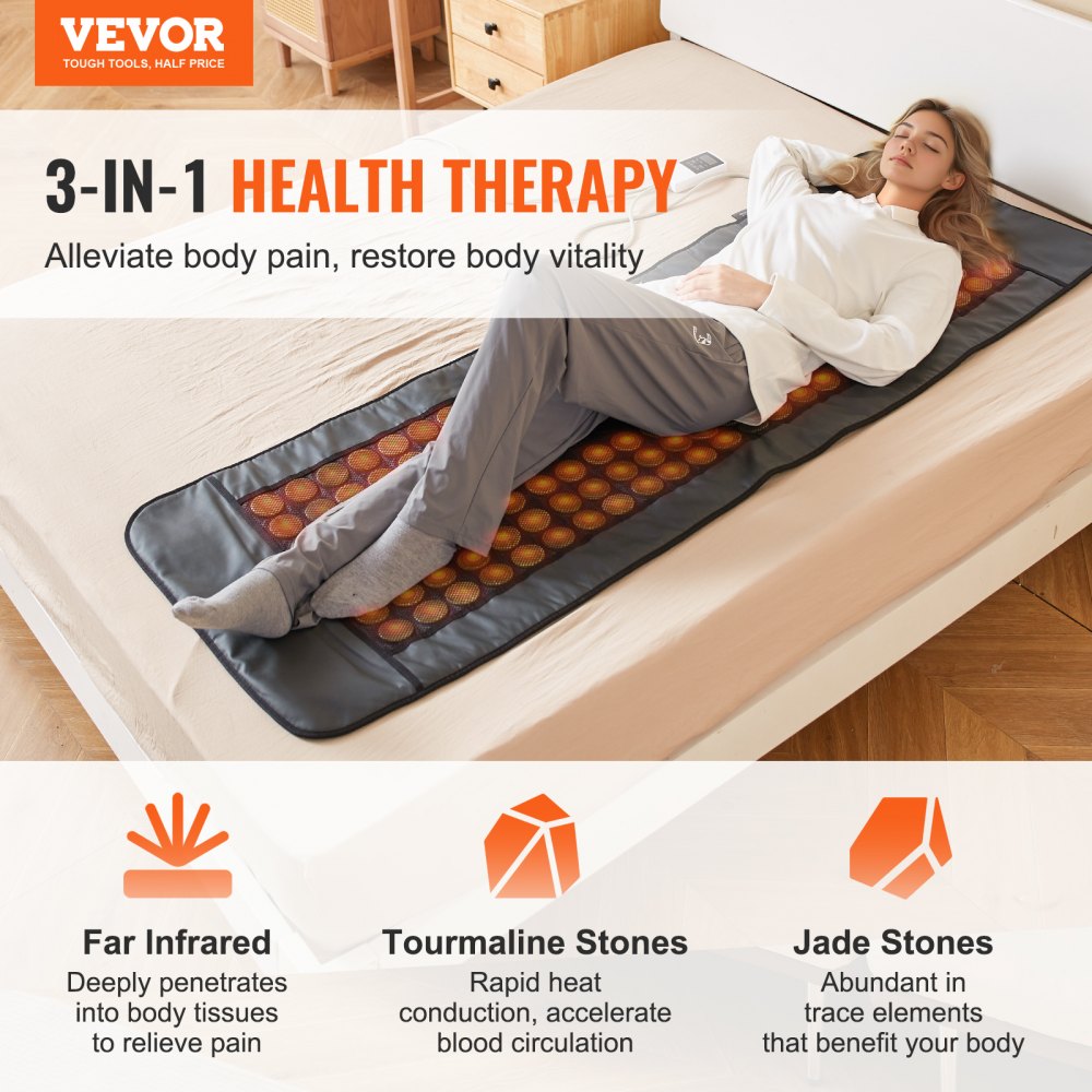 VEVOR Far Infrared Heating Pad for Full Body, 96 Natural Jade & 72 Tourmaline Stone Heating Pad for Back Shoulder Leg, 103-159 ℉ Heating Mat with Smart Controller & Auto-Off (Large 70.8" x 23.78")