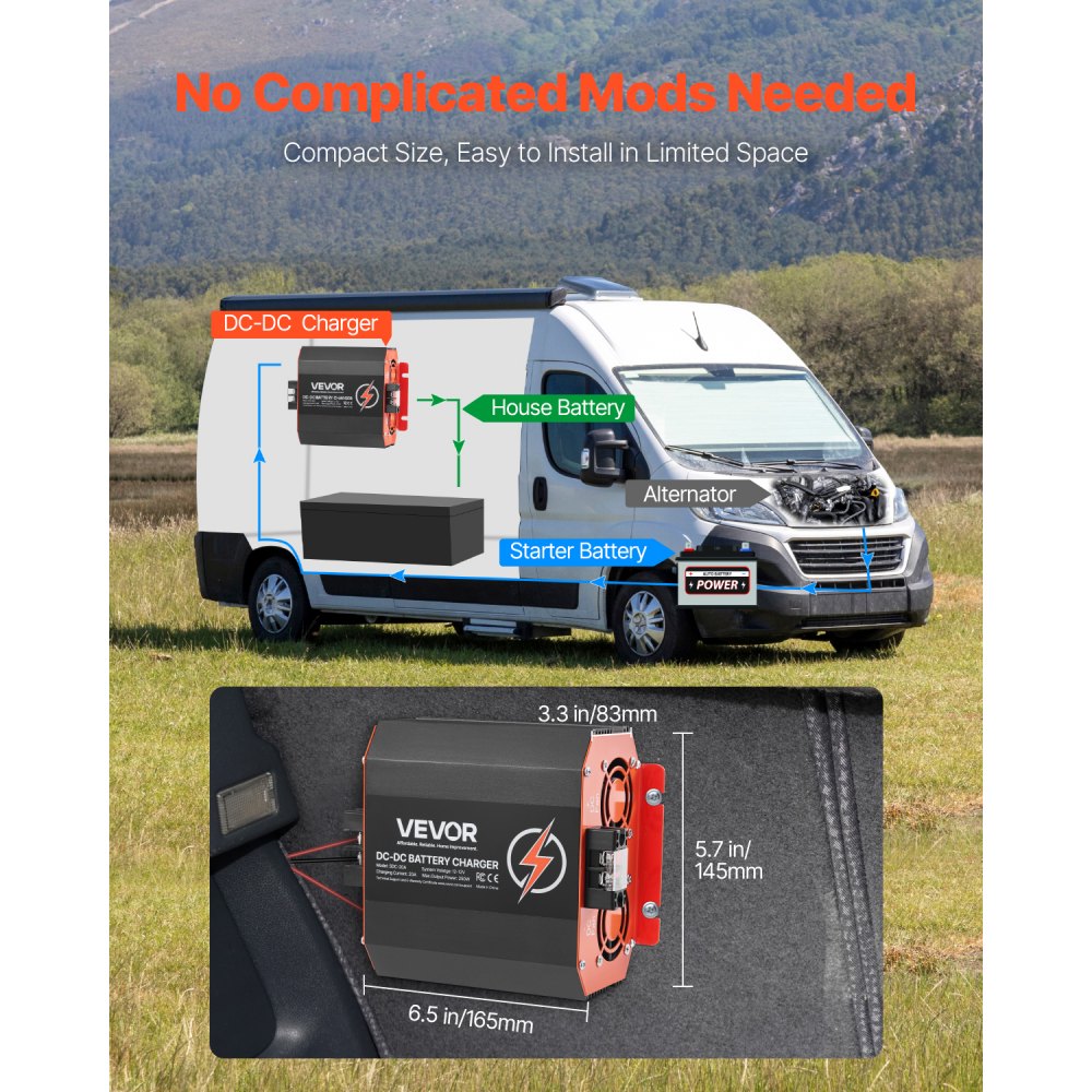 VEVOR 12V 20A DC to DC Battery Charger, 250W, On-Board Battery Charger for Lead-Acid, Lithium, AGM, GEL, and Flooded Batteries, Smart Multi-Stage Charging, for RVs, Commercial Vehicles, Boats, Yachts