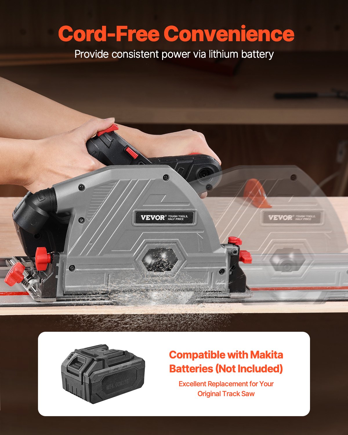 VEVOR Cordless Track Saw, 5-1/2 in Blade, Brushless Plunge Circular Saw Kit, Tracksaw with Hard Case, 2.05 in Cutting Depth, for Wood, Plastic, Metal, Compatible with Makita Batteries (Tool Only)