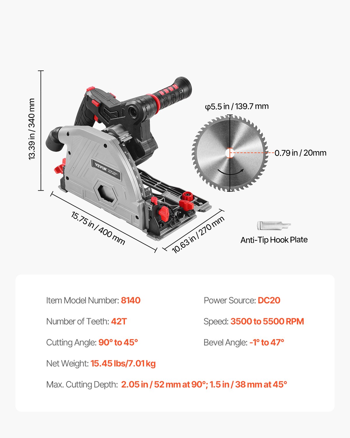 VEVOR Cordless Track Saw, 5-1/2 in Blade, Brushless Plunge Circular Saw Kit, Tracksaw with Hard Case, 2.05 in Cutting Depth, for Wood, Plastic, Metal, Compatible with Makita Batteries (Tool Only)