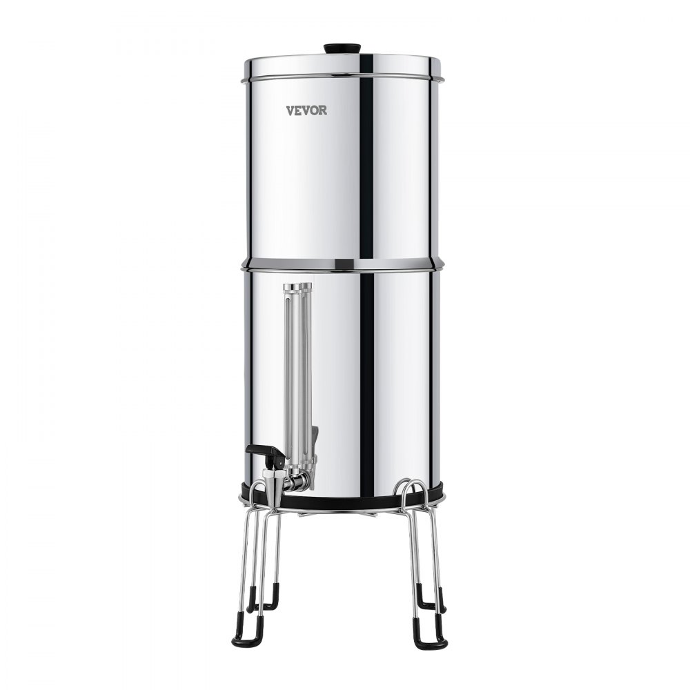 VEVOR Gravity-fed Water Filter System, 2.25G 304 Stainless-Steel Countertop Filtration System, Reduces Lead and up to 99% of Chlorine, with 2 Activated Carbon Filter, 2 Defluorination Filter, Spigot
