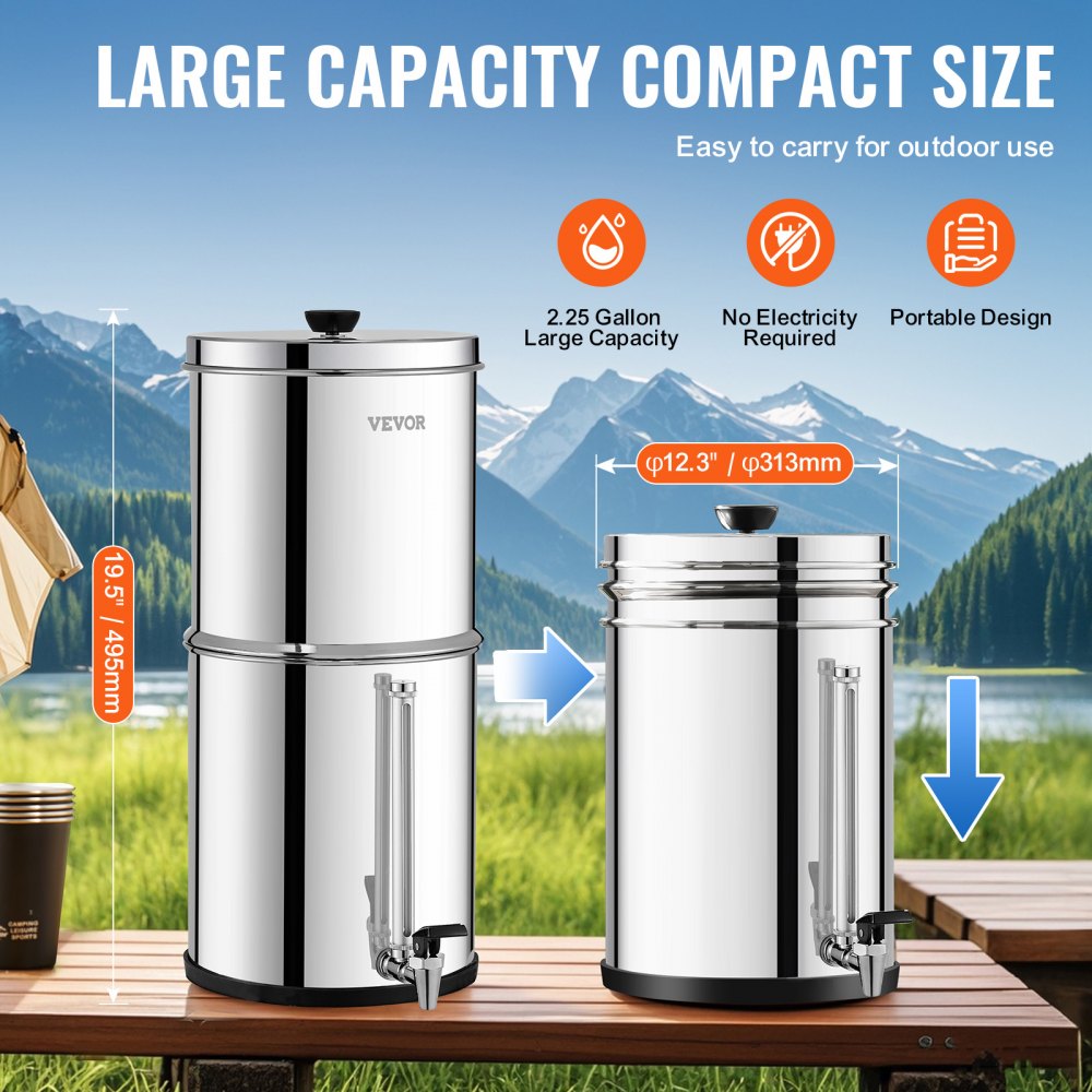 VEVOR Gravity Waterfiltersysteem RVS aanrechtbladsysteem 7+8,5L waterfiltratiesysteem, vermindert lood en tot 99% chloor, met 2 koolstoffilters en waterpeilkraan, kampeer- en campercamper