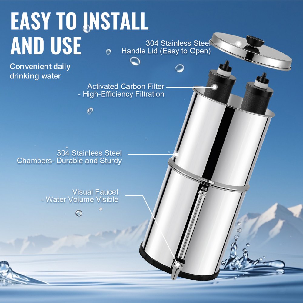VEVOR Gravity Waterfiltersysteem RVS aanrechtbladsysteem 7+8,5L waterfiltratiesysteem, vermindert lood en tot 99% chloor, met 2 koolstoffilters en waterpeilkraan, kampeer- en campercamper