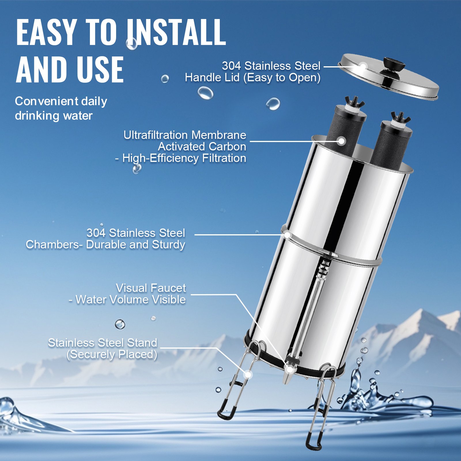 VEVOR Gravity Waterfiltersysteem RVS aanrechtbladsysteem 7+8,5L waterfiltratiesysteem, vermindert lood en tot 99% chloor, met 2 koolstoffilters, waterniveau-indicator, kampeer- en campermodel
