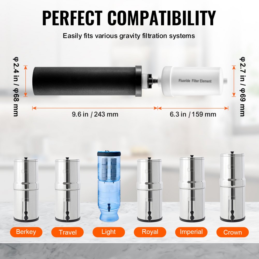VEVOR Waterfilter Vervangende Filters voor Zuiveringselementen, Vervangend Zwaartekracht Waterfiltersysteem, Compatibel met de meeste merken, 4-pack (2 Actieve Koolfilters + 2 Defluorideringsfilters)