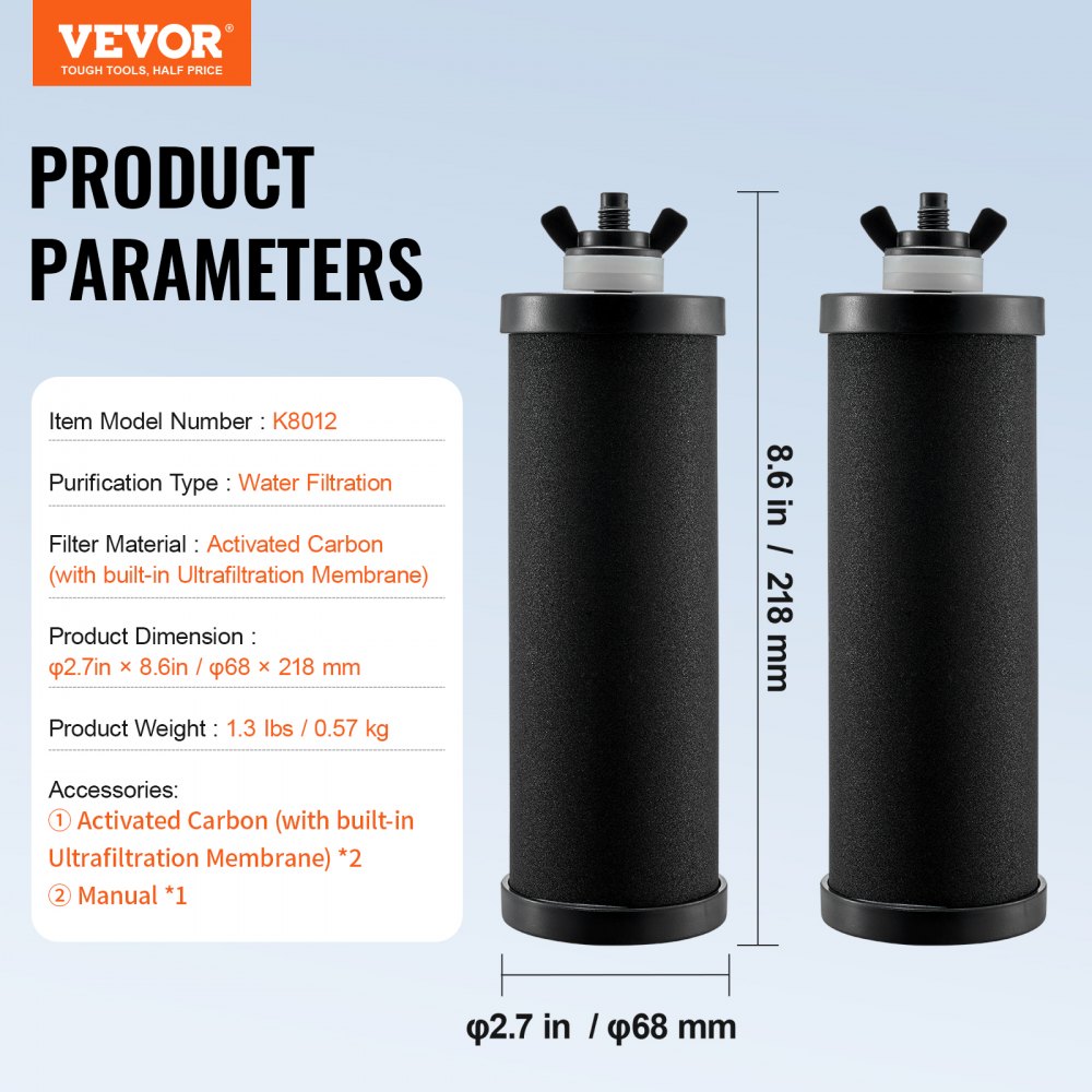 VEVOR Waterfilter Vervangende Zuiveringselementen Vervangende Filter 2-Pack (2 Actieve Koolfilters), Zwaartekracht Waterfiltersysteem Vervanging, Compatibel met de meeste merken, Gemakkelijk Vervangbaar Waterfilter