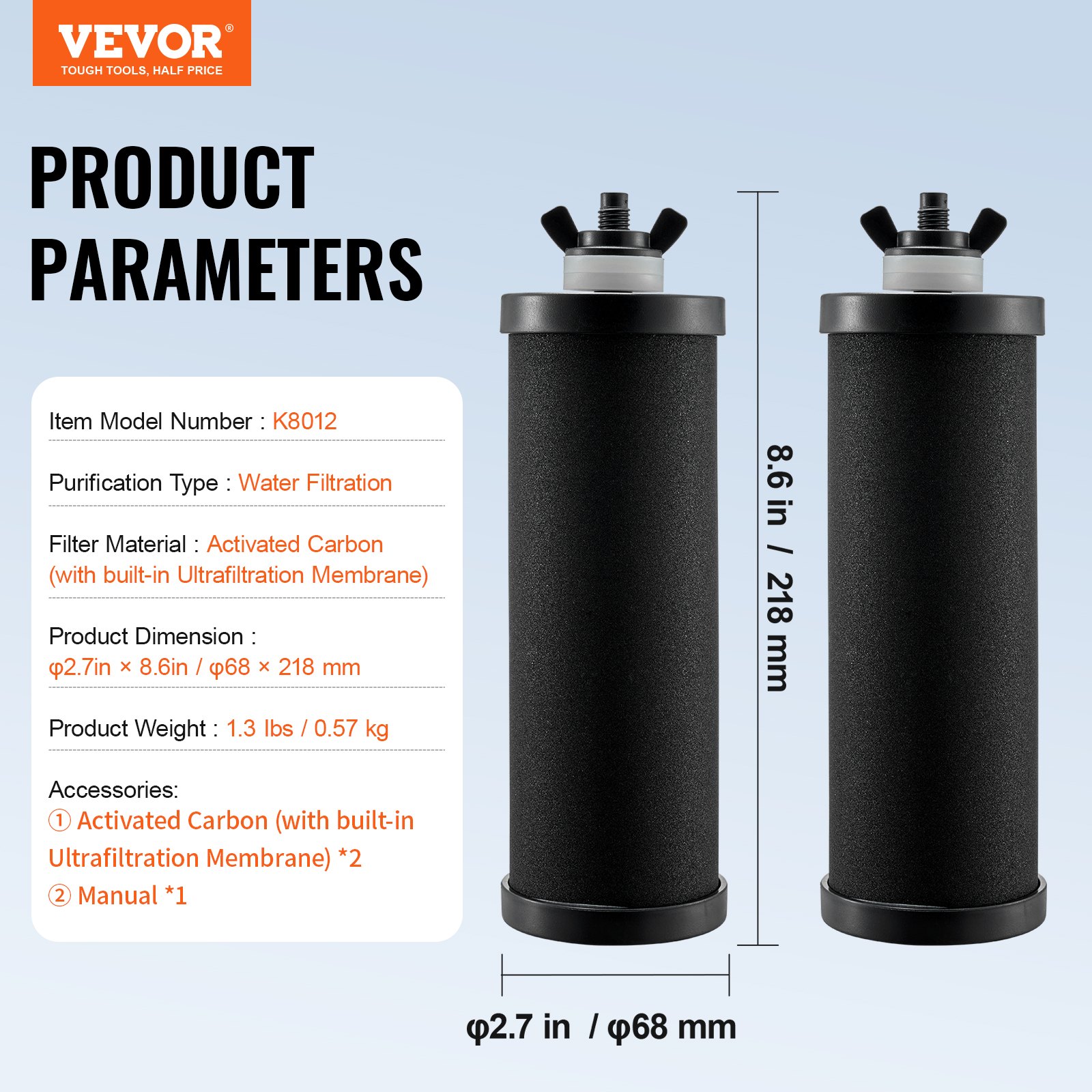 VEVOR Waterfilter Vervangende Zuiveringselementen Vervangende Filter 2-Pack (2 Actieve Koolfilters), Zwaartekracht Waterfiltersysteem Vervanging, Compatibel met de meeste merken, Gemakkelijk Vervangbaar Waterfilter