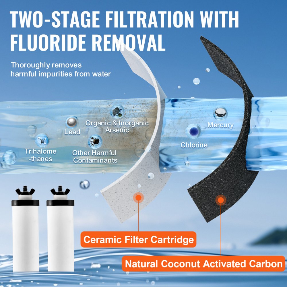 VEVOR Gravity Waterfiltersysteem Vervangend Waterfilter Vervangende Zuiveringselementen, Keramisch Vervangend Filter, Eenvoudig Vervangbaar Waterfilter, Compatibel met de Meeste Merken, 2-Pack, Wit