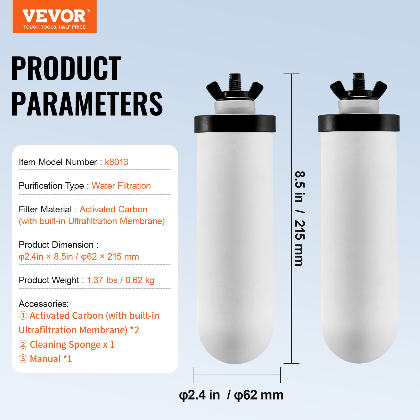 VEVOR Gravity Waterfiltersysteem Vervangend Waterfilter Vervangende Zuiveringselementen, Keramisch Vervangend Filter, Eenvoudig Vervangbaar Waterfilter, Compatibel met de Meeste Merken, 2-Pack, Wit
