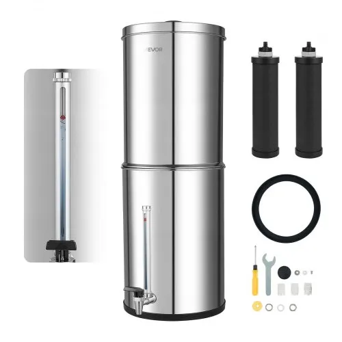 VEVOR Gravity Waterfiltersysteem 12,3 L, roestvrij staal 304, vermindert lood en tot 99% chloor, met 2 actieve koolstoffilters, waterniveau-indicator, voor thuis en kamperen