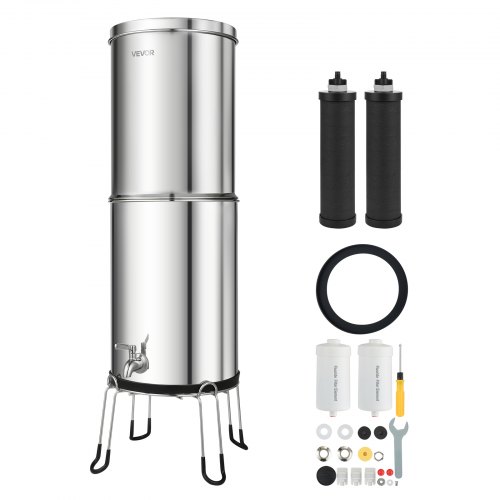 VEVOR Gravity Waterfiltersysteem 12,3 L, roestvrij staal 304. Dit waterfiltersysteem reduceert lood en tot 99% chloor, en is voorzien van 2 actieve koolfilters, 2 fluoridefilters, een kraan en een standaard.
