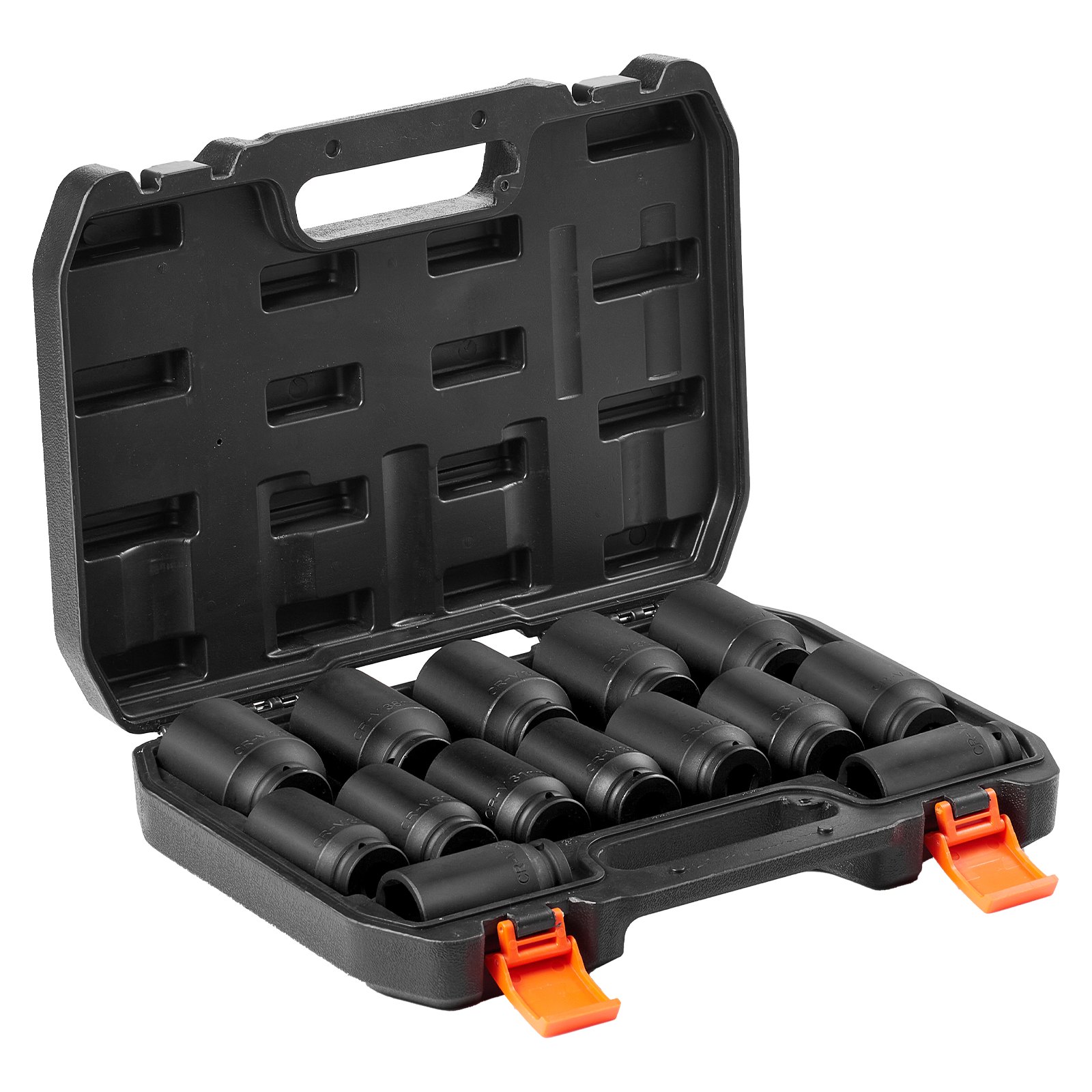 VEVOR 12,7 mm diepe slagdoppenset, 6-punts en 12-punts metrische doppenset, 14-delige CR-V doppenset met opbergkoffer, autoreparatie zwart
