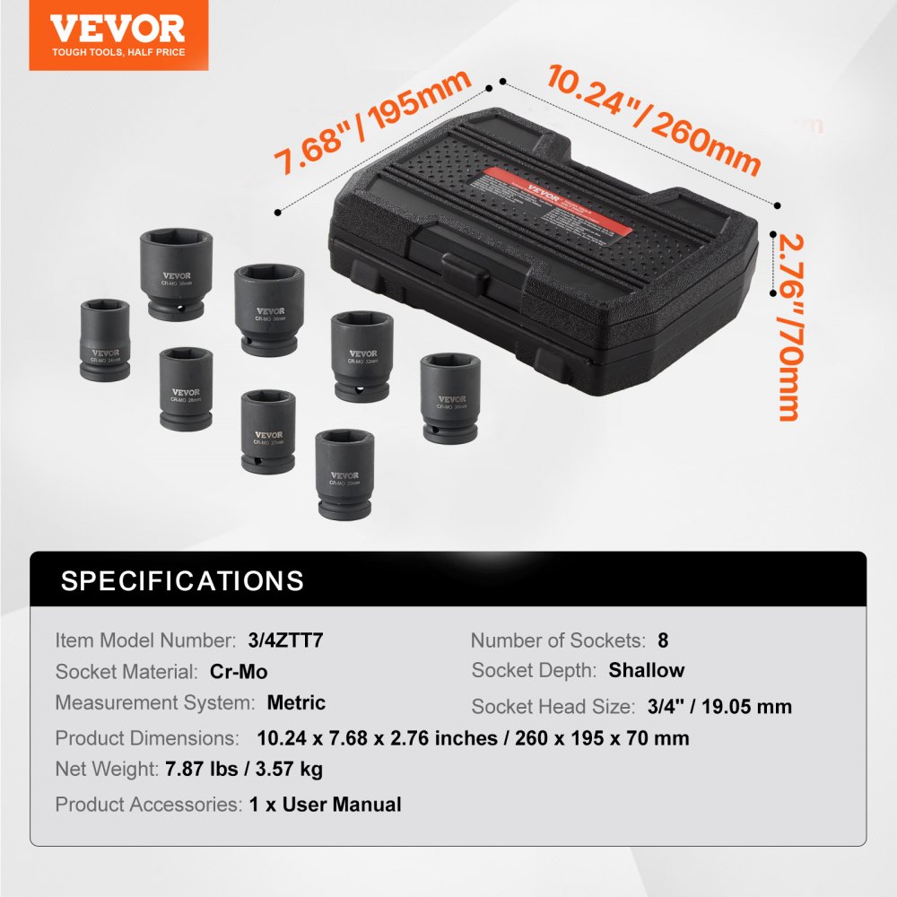 VEVOR 19,05 mm aandrijving 6-punts 8-delige metrische asmoer slagdoppenset, CR-MO stalen doppenset met opbergkoffer voor autoreparatie