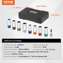 VEVOR wielmoer-slagdoppenset 12,7 mm aandrijving Metrisch SAE 8-delig