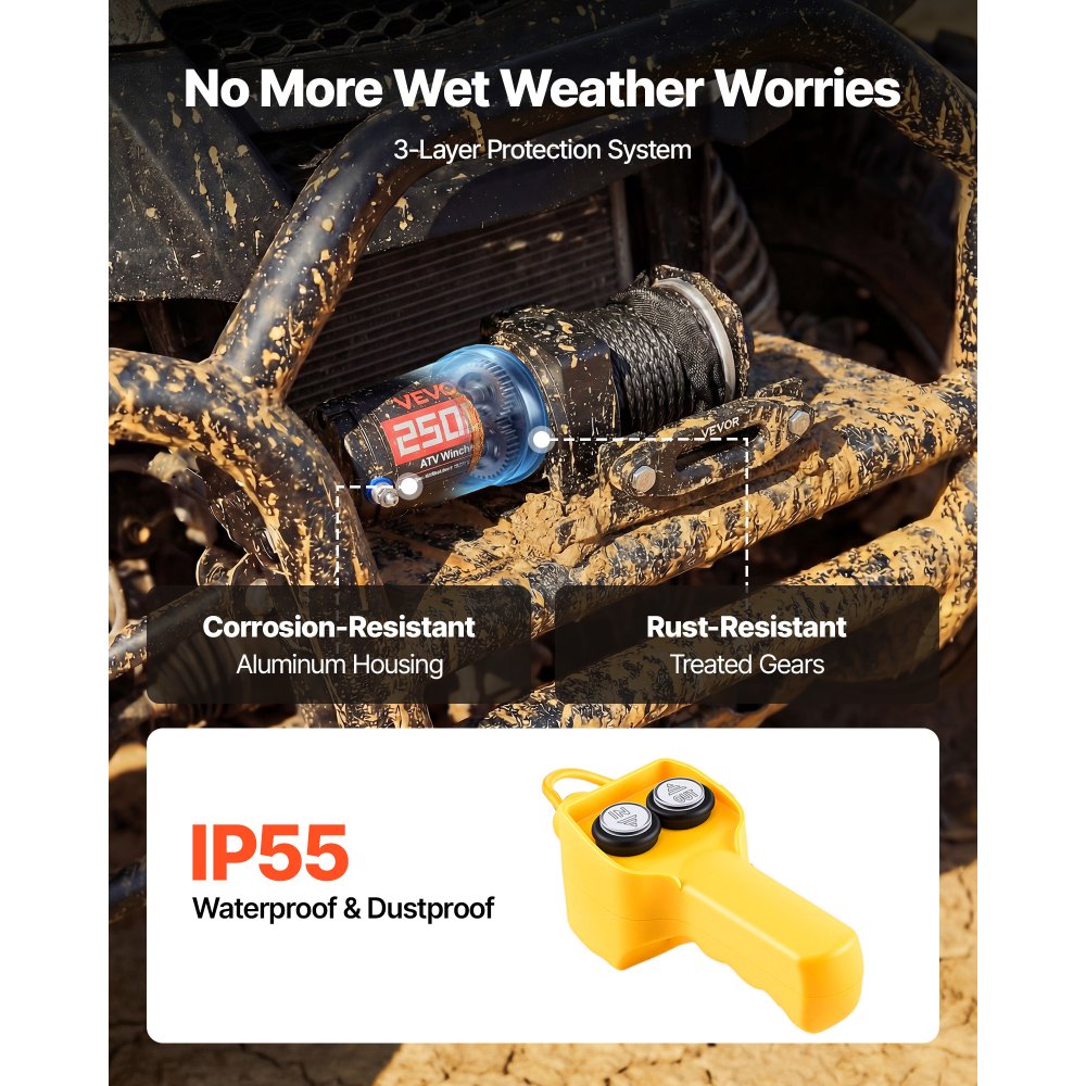 VEVOR elektrische lier 1134 kg, 12 V DC-motorlier met 4,8 mm x 12 m synthetisch touw en bedrade afstandsbediening, IP55, aluminium behuizing, elektrische lier voor het slepen van ATV's, zwart