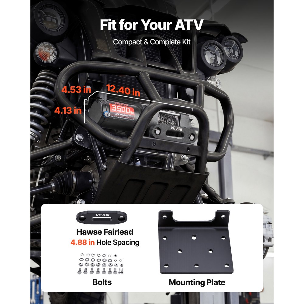 VEVOR elektrische lier 1587 kg, 12 V DC-motorlier met 5,3 mm x 10 m synthetisch touw en bedrade afstandsbediening, IP55, aluminium behuizing, elektrische lier voor het slepen van ATV's, zwart