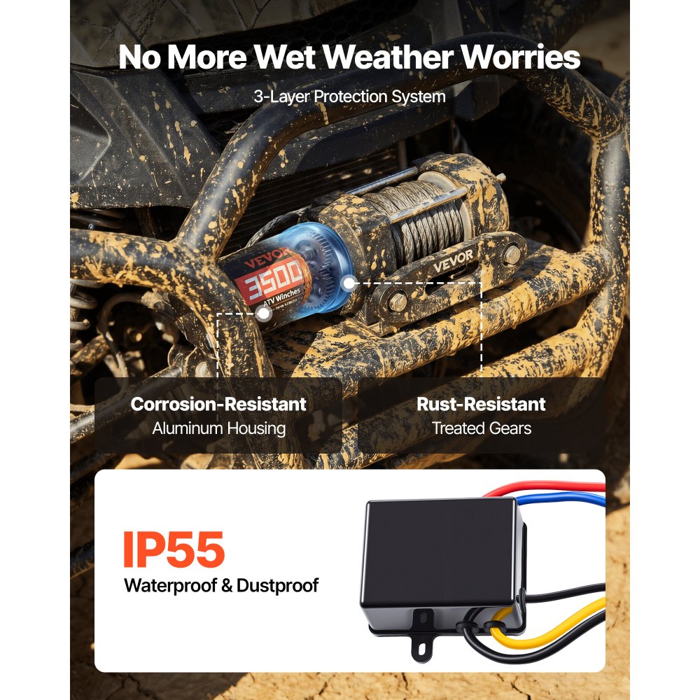 VEVOR elektrische lier 1587 kg, 12 V DC-motorlier met 5,3 mm x 10 m synthetisch touw en bedrade afstandsbediening, IP55, aluminium behuizing, elektrische lier voor het slepen van ATV's, zwart