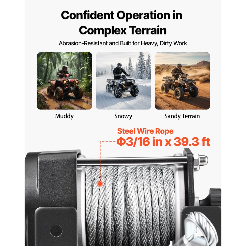 VEVOR elektrische lier 1360 kg, 12 V DC-motorlier met Φ4,7 mm x 12 m stalen kabel en bedrade afstandsbediening, IP55, aluminium behuizing, elektrische lier voor het slepen van ATV's, zwart