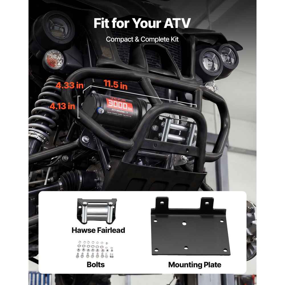 VEVOR elektrische lier 1360 kg, 12 V DC-motorlier met Φ4,7 mm x 12 m stalen kabel en bedrade afstandsbediening, IP55, aluminium behuizing, elektrische lier voor het slepen van ATV's, zwart