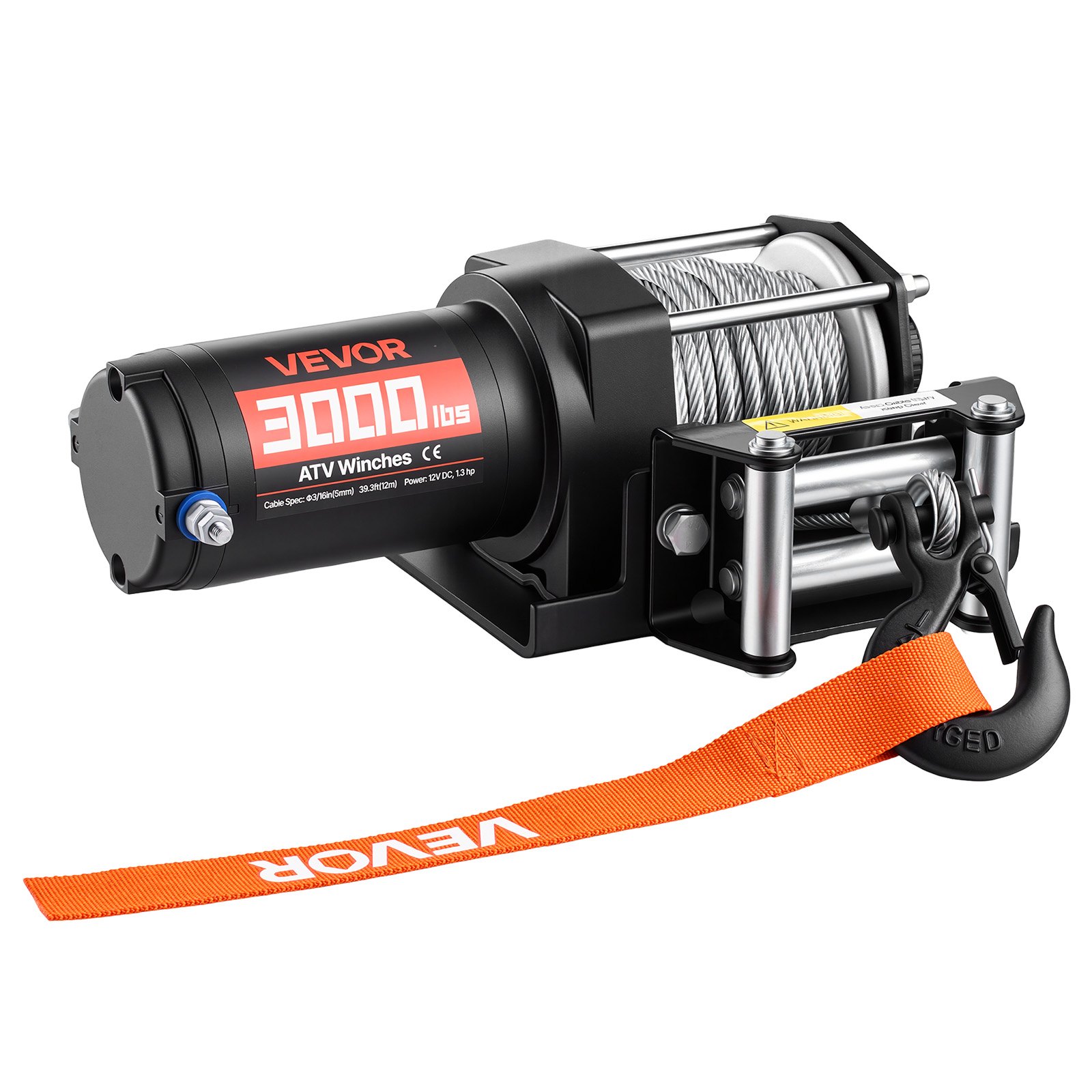 VEVOR elektrische lier 1360 kg, 12 V DC-motorlier met Φ4,7 mm x 12 m stalen kabel en bedrade afstandsbediening, IP55, aluminium behuizing, elektrische lier voor het slepen van ATV's, zwart