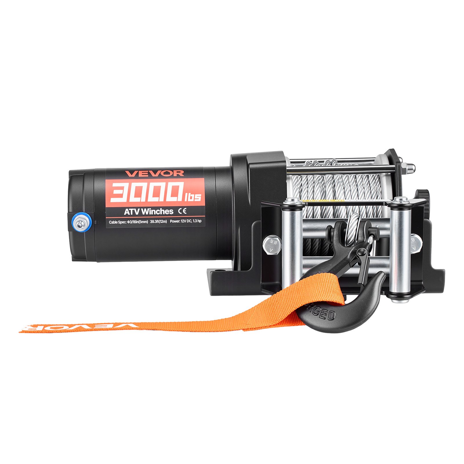VEVOR elektrische lier 1360 kg, 12 V DC-motorlier met Φ4,7 mm x 12 m stalen kabel en bedrade afstandsbediening, IP55, aluminium behuizing, elektrische lier voor het slepen van ATV's, zwart