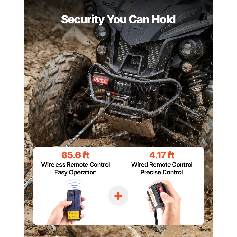 VEVOR elektrische lier 2041 kg, 12V DC-motorlier met Φ5,8 mm x 12 m stalen kabel, draadloze en bedrade afstandsbediening, IP55, elektrische lier voor het slepen van ATV's, UTV's en terreinwagens.