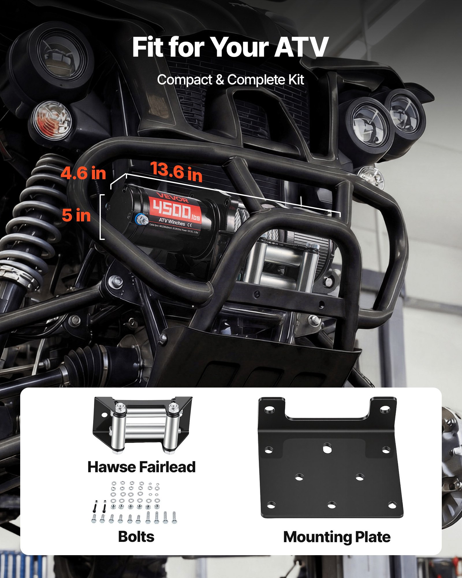 VEVOR elektrische lier 2041 kg, 12V DC-motorlier met Φ5,8 mm x 12 m stalen kabel, draadloze en bedrade afstandsbediening, IP55, elektrische lier voor het slepen van ATV's, UTV's en terreinwagens.
