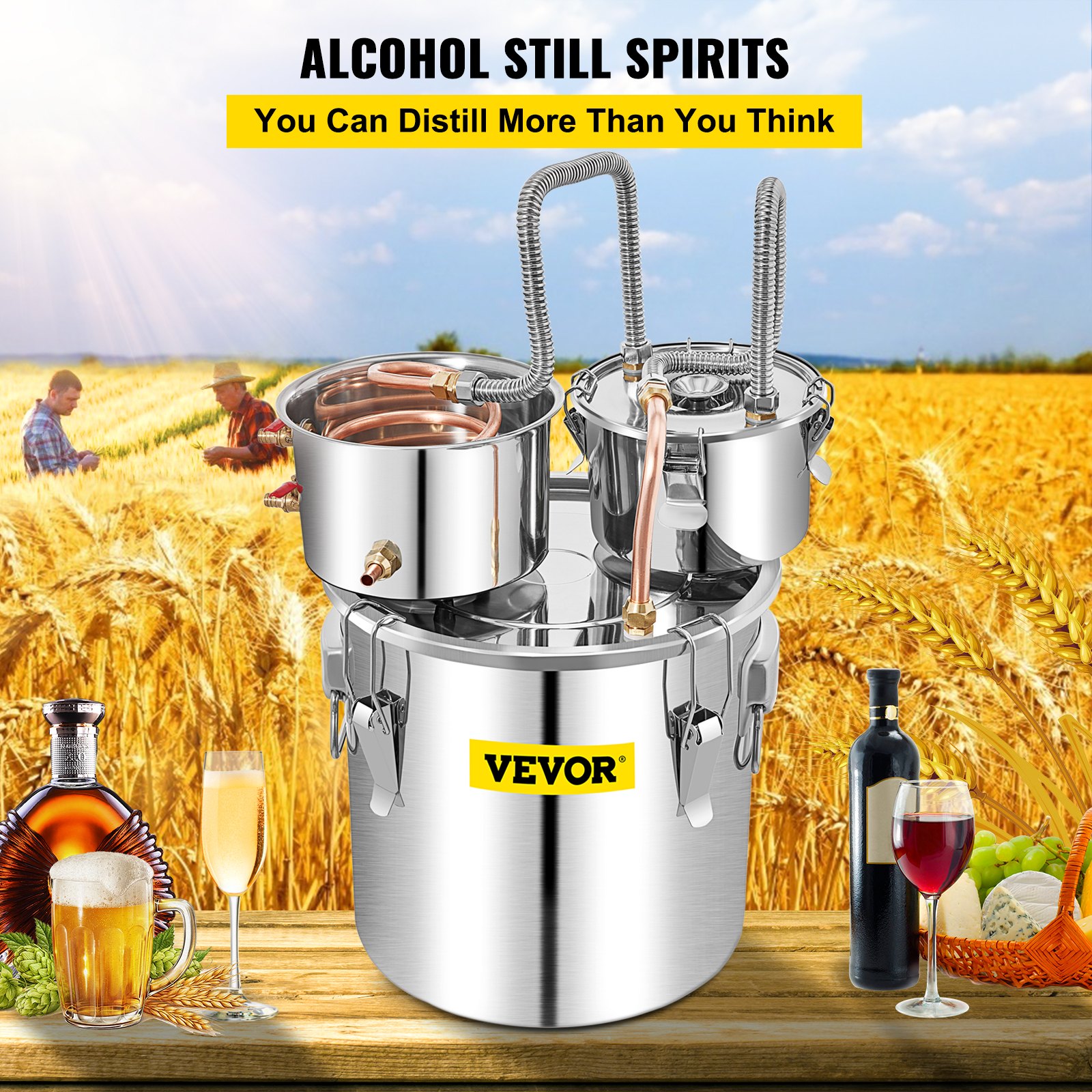 VEVOR Alcohol Still, 50L SUS Water Alcohol Distiller with Condenser & Thumper Keg, 13.2Gal Wine Making Boiler with Copper Tube, Home Brewing Kit with Built-in Thermometer for DIY Whiskey Wine Brandy,
