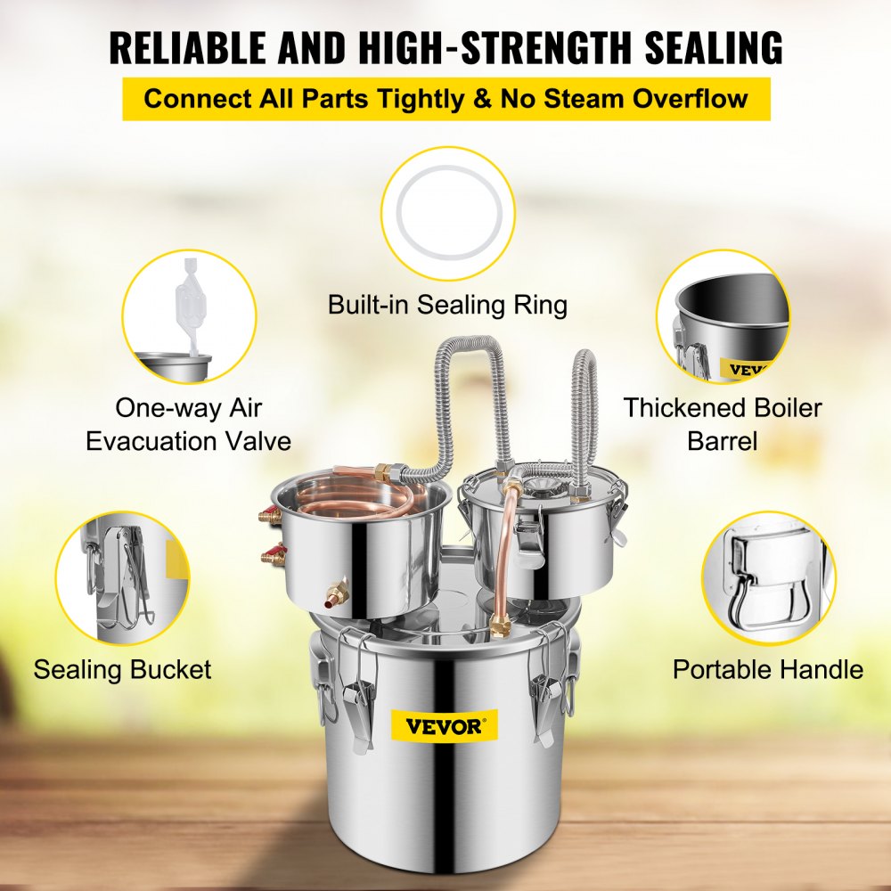 VEVOR Still Distiller 12,3 L Alcohol Distiller Moonshine Still 35x35x33 cm Moonshine Wijn Still Distiller Gemaakt van Roestvrij Staal en Rood Koper voor het Distilleren van Fruitwijn, enz