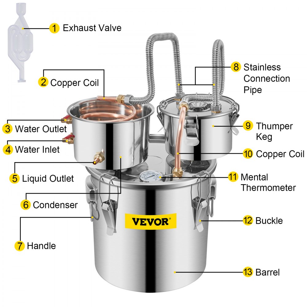 VEVOR Still Distiller 12,3 L Alcohol Distiller Moonshine Still 35x35x33 cm Moonshine Wijn Still Distiller Gemaakt van Roestvrij Staal en Rood Koper voor het Distilleren van Fruitwijn, enz