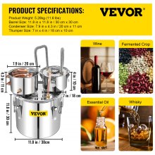 VEVOR Moonshine Still Distiller 5Gal 21L Stainless Steel Water Distiller Copper Tube with Circulating Pump Home Brewing Kit Build-in Thermometer for DIY Whisky Wine Brandy Spirits