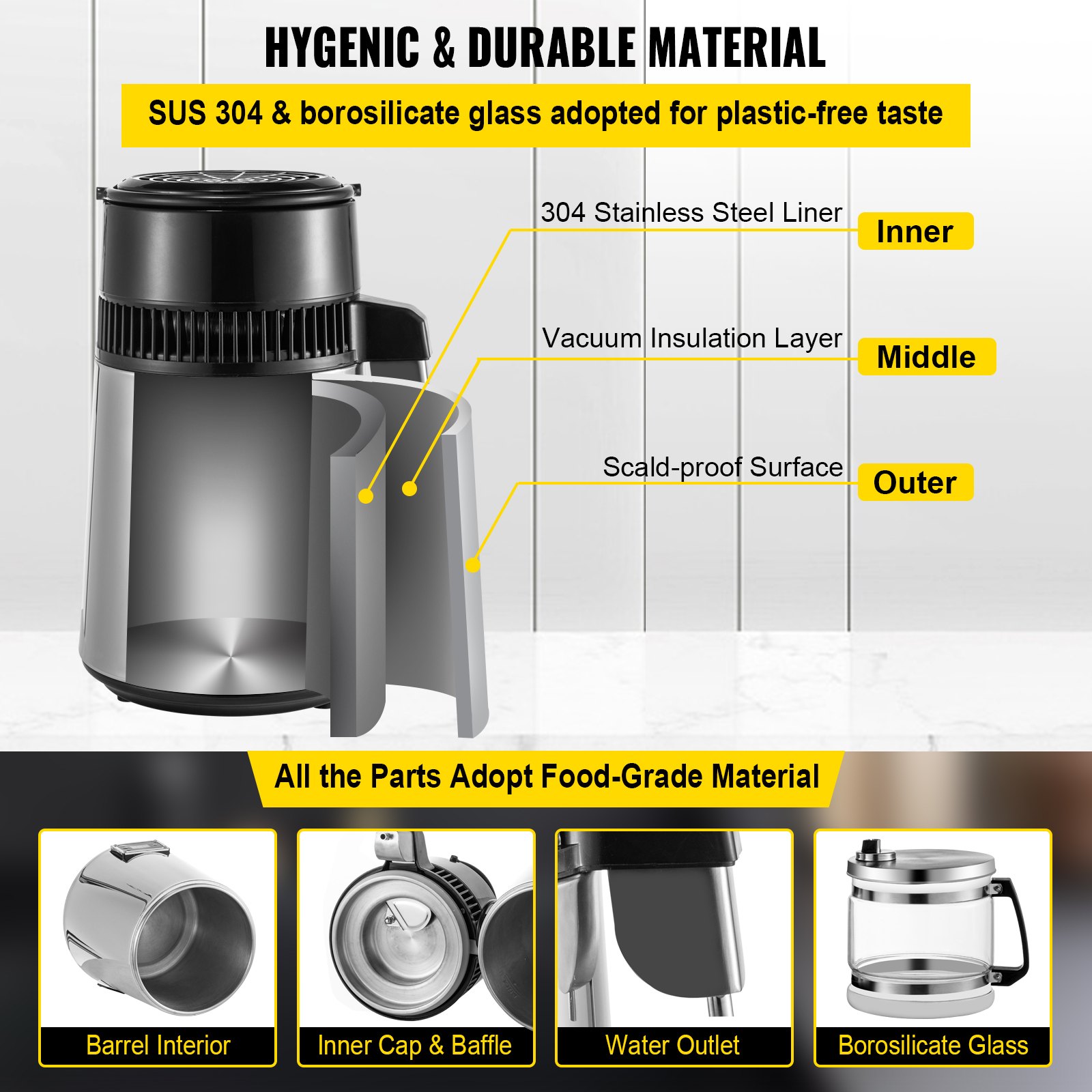 VEVOR SC-3 Professionele waterdestilleerder, roestvrij staal, 750W vermogen en 4L capaciteit, voor laboratoria, ziekenhuizen en kantoren, destillatie-efficiëntie 1L/u